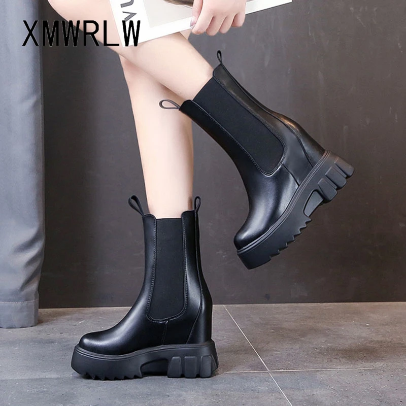 

XMWRLW Women's Mid-Calf Boots 2021 Autumn PU Leather Height Increasing Women Boots Platform Shoes Fashion Mid-Calf Boot Shoes