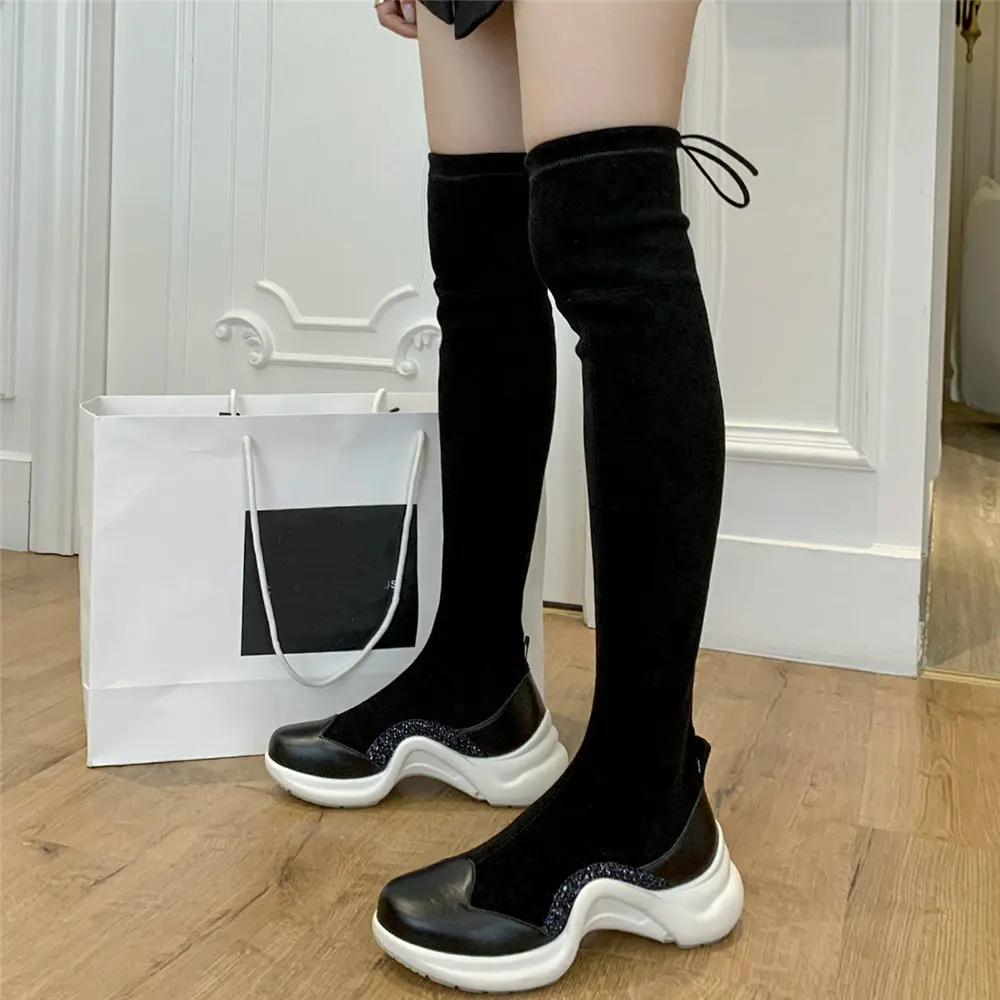 Женские сапоги выше колена из коровьей кожи на высоком каблуке женские