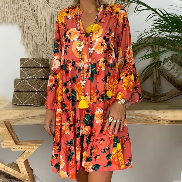 

Women Fashion Printed V-neck Button Ruffled Loose Dress