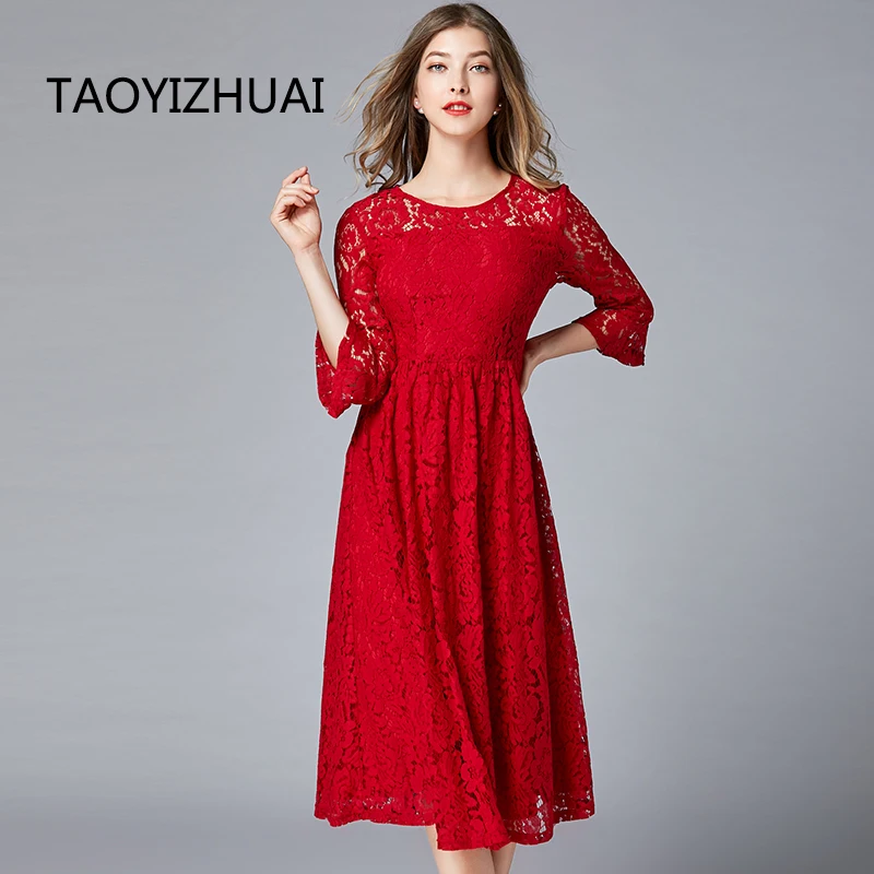 Женское кружевное платье TAOYIZHUAI длинное винтажное красного цвета до колена с