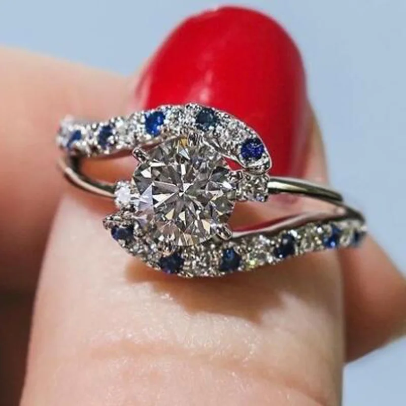 

925 Sterling Silver Dazzling Blue Crystal CZ Finger Rings for Women Cross Infinity Wedding Engagement Jewelry Gift