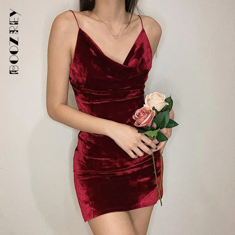 

BoozRey Velvet Elegant Sling Dress for Women Summer Sexy Backless Party Night Club Clothes Female V Neck Mini Bodycon Dress Girl
