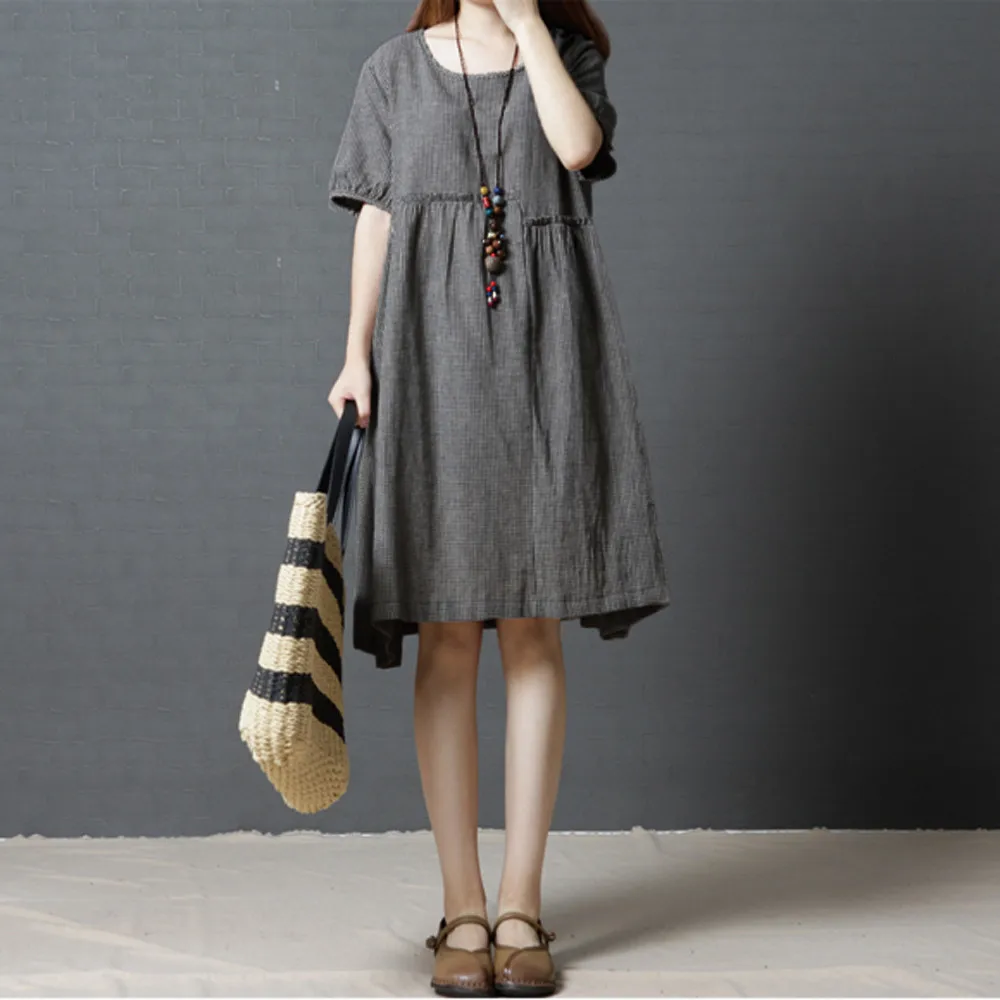 Женское платье с коротким рукавом Vadim круглым вырезом клетчатое хлопковое