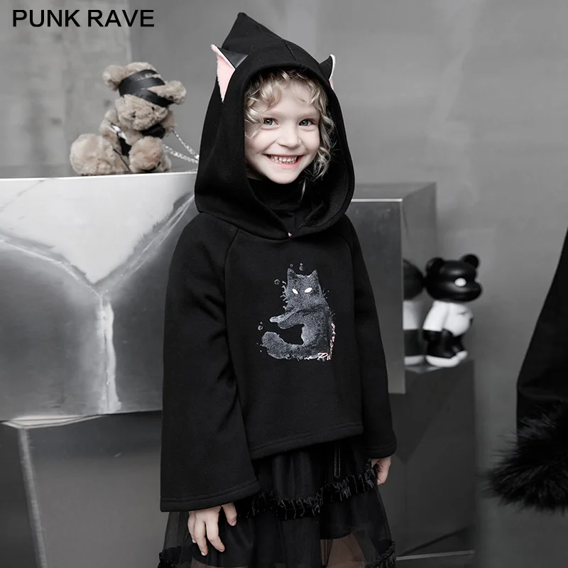 

PUNK RAVE Children's Gothic Cute Cat Print Loose Plus Velvet Girl Sweater Fairy Playful Hooded Medium Length Pullover Sweater