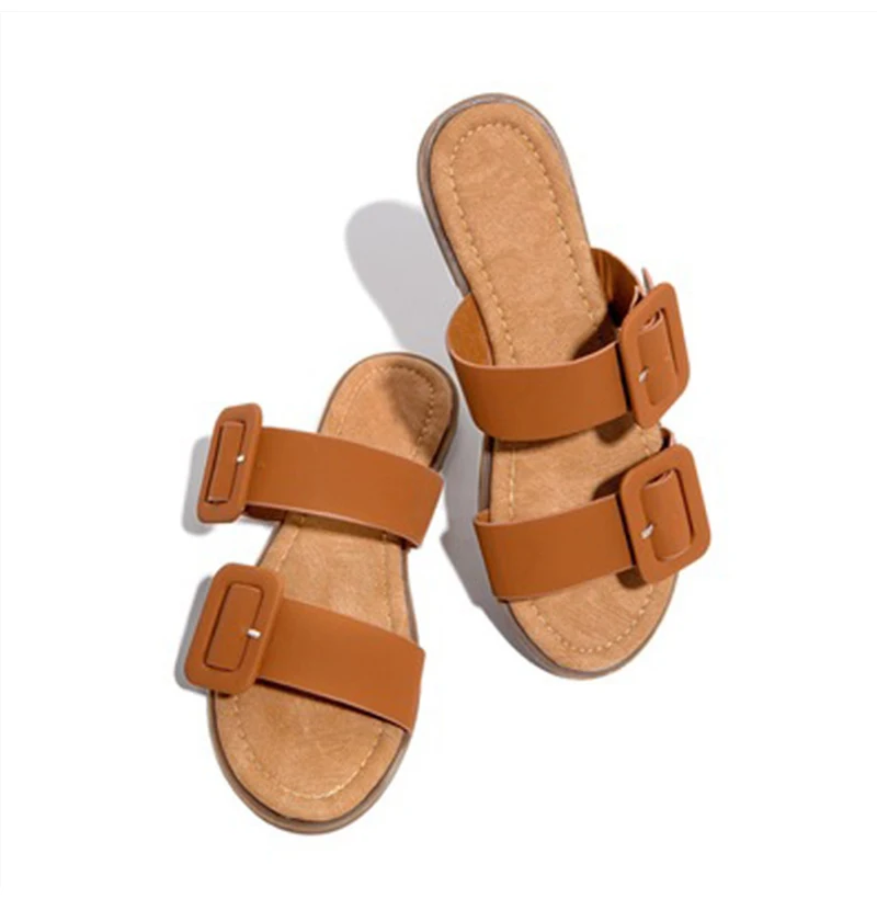 

Women Slippers Flat Woman Belt Buckle Square Sandals Casual Open Toe Beach Shoes Female Fashion Slides 2020 Ladies Outdoor Shoes