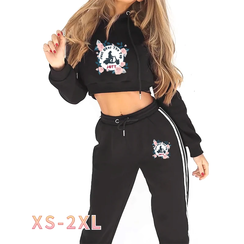 

2021 New Women's JOTT Printing Street Trend Navel Nude Sports Suit Casual Fashion Solid Color Ensemble Jogging Female Autumn
