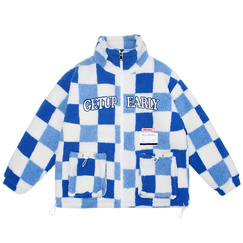 

Men Lamb Wool Jackets Harajuku Fleece Thick Warm Jackets Coat Unisex Oversized Couple Blue Rose Plaid Print Stand Collar Jacket