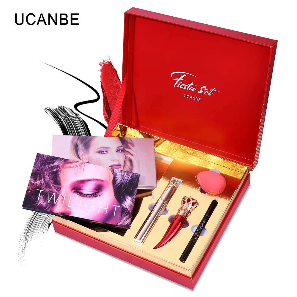 UCANBE элегантный 6 шт./партия Подарочная коробка набор для макияжа большой размер 2 палитра теней 1 помада 1 Тушь для ресниц 1 Подводка для глаз 1 губка