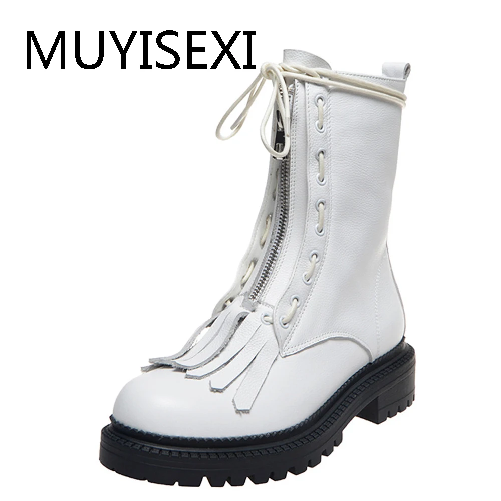 Белые мотоциклетные ботинки военные Ботильоны на каблуке 4 см с круглым носком и