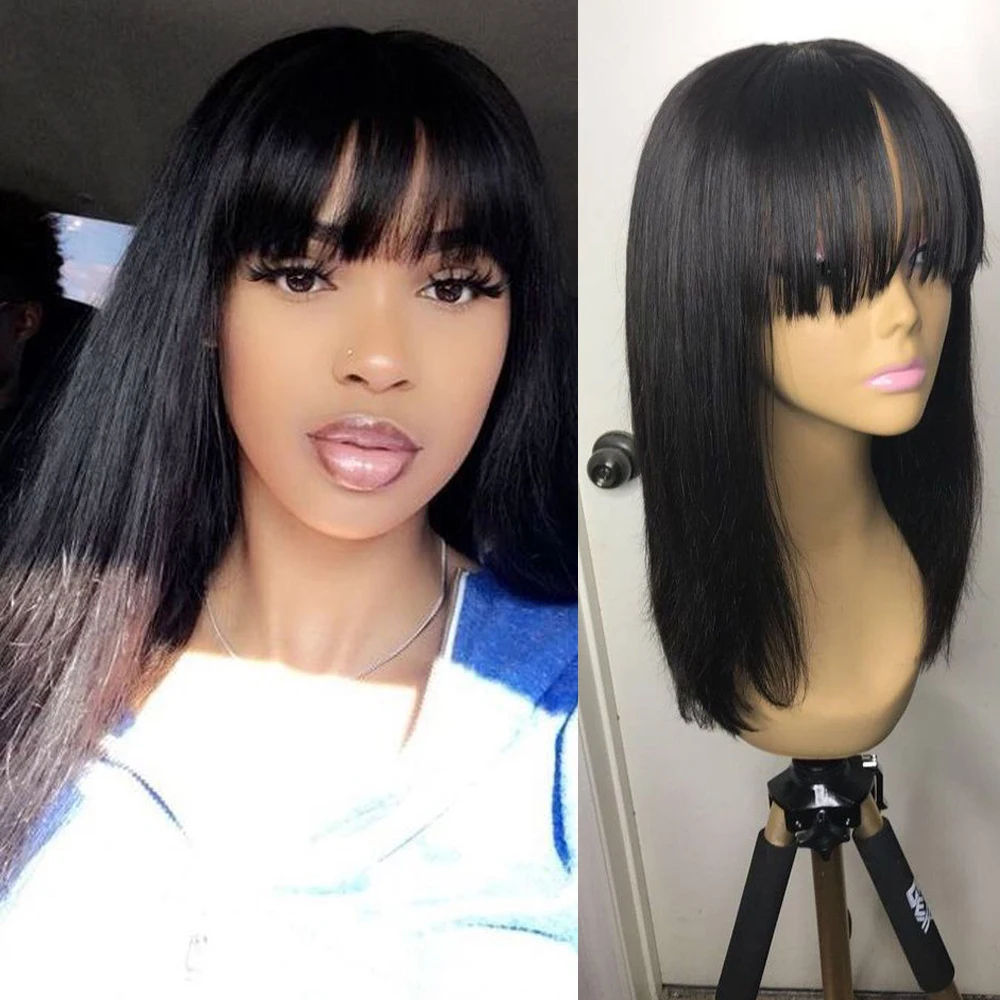 Short Human Hair Wigs With Full Bangs For Black Women Luxediva Remy Brazilian Hair Short Bob Bang Wigs Natural Black Bang Wigs