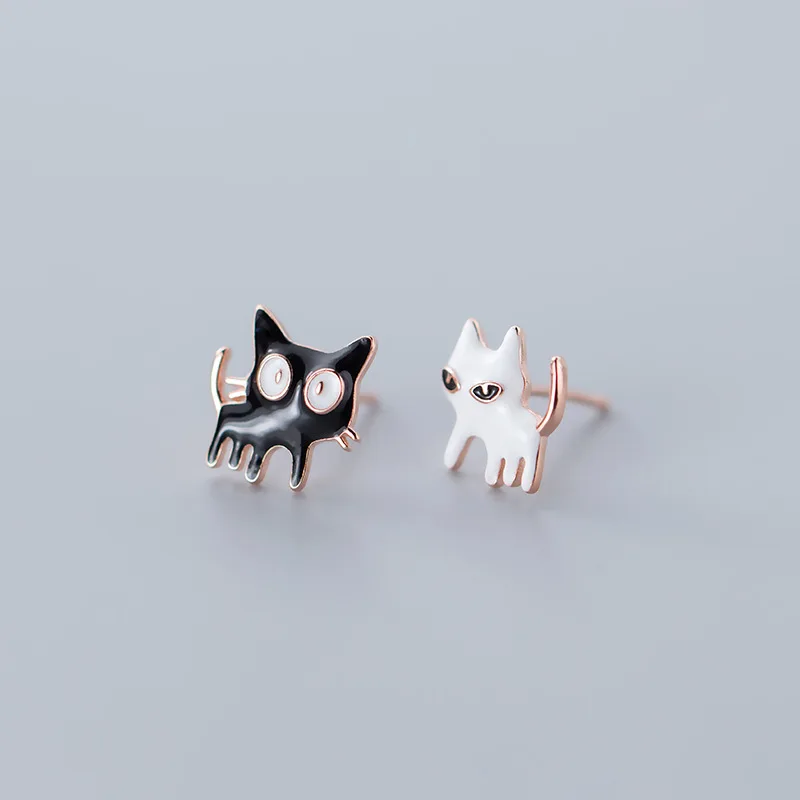 

MloveAcc Lovely 925 Sterling Silver Stud Earring Black White Enamel Small Cat Earrings Women Girls Fashion Children Earrings