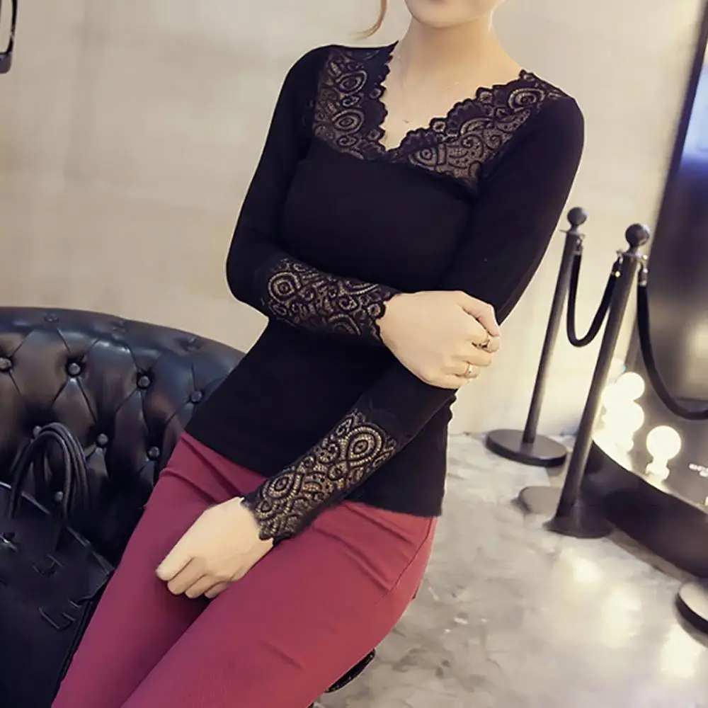 Женская кружевная блузка с длинным рукавом элегантная приталенная круглым