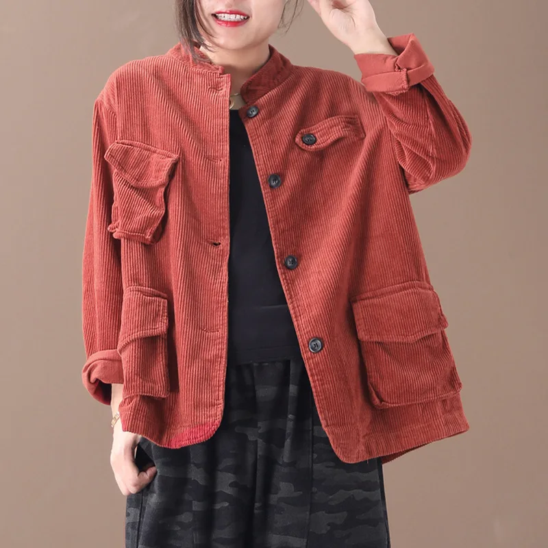 Осень 2019 женские повседневные однобортные вельветовые однотонные свободные