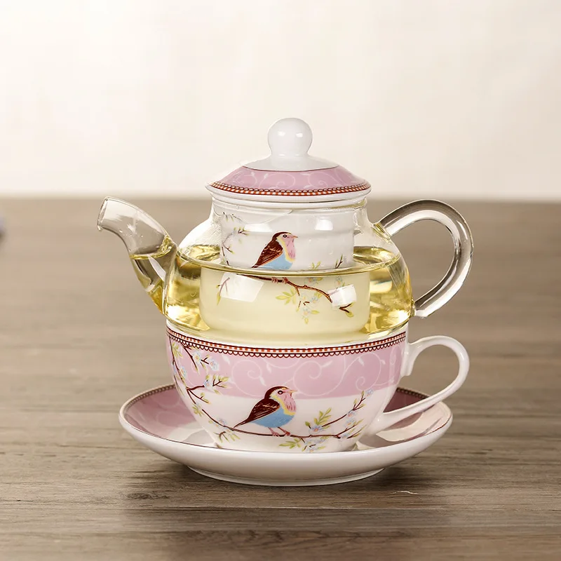 Creative health care ceramic flower tea pot gold flower bird cup plate heat resistant glass pot set