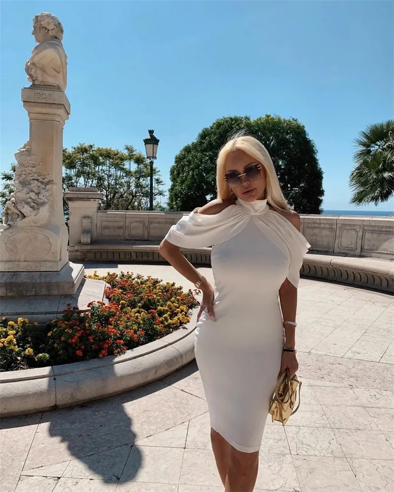 

White Woman Party Night Vestido Pleated Mini Sexy Bodycon Celebrity Women's Dress