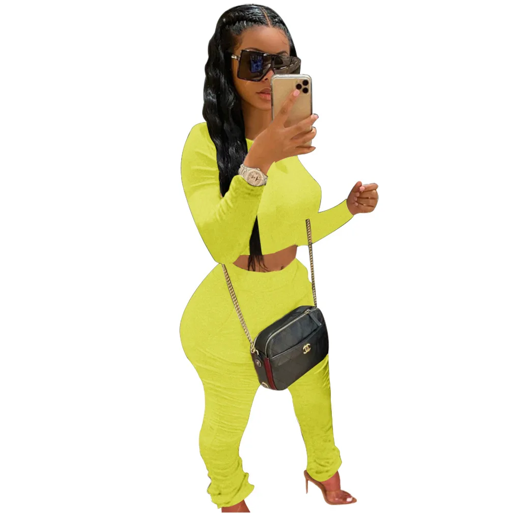 

New fashion solid color casual women's suit slim fit o-neck long sleeve T-shirt and trousers 2-piece set