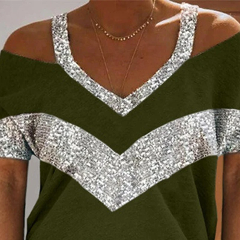 

V-neck Sequins Off Shoulder Short Sleeve Loose Women T-shirt Summer Fashion Cotton Casual Basic Tee Ladies Home Tops
