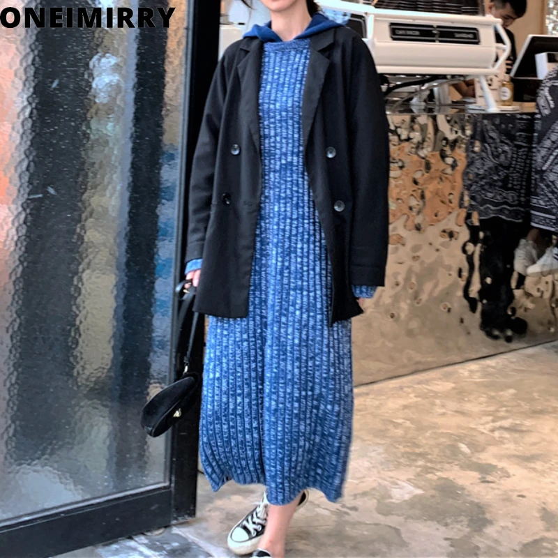 

Oneimirry Straight Hooded Sweater Women Maxi Dress Fall Winter 2021 Knitted Thick Warm Loose Korean Big Clothes Female Vestidos