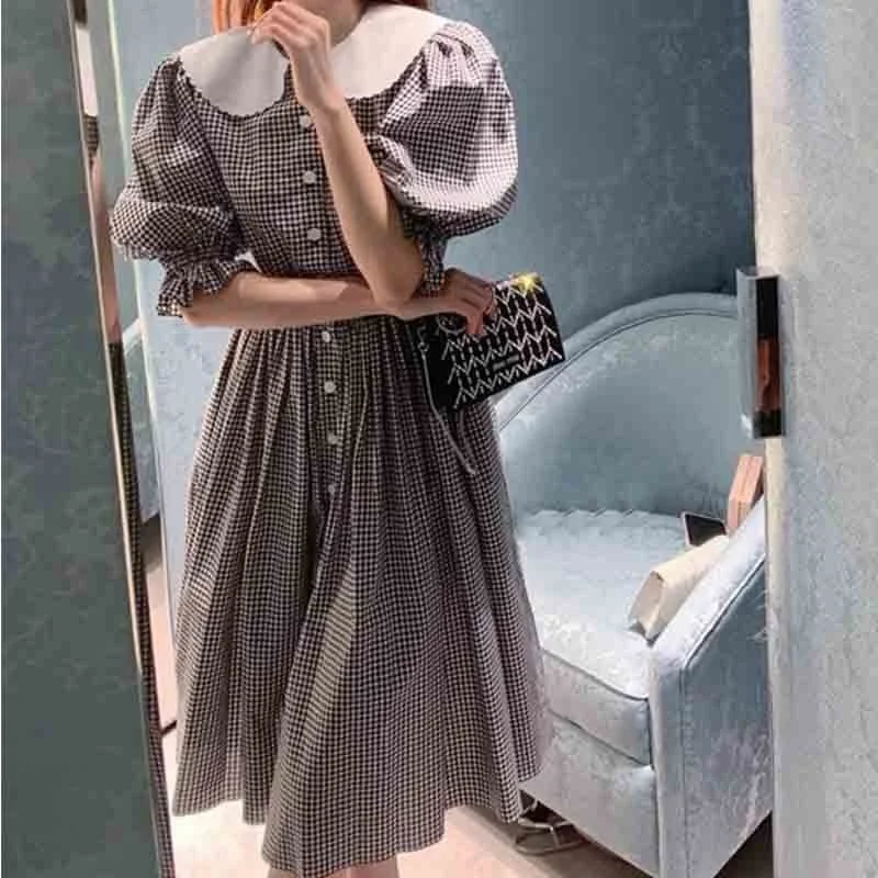 

Women MIDI Plaid Dress With Sleeves Puff Sleeve Peter Pan Collar Single Breasted Vintage Black & White Cotton Dress