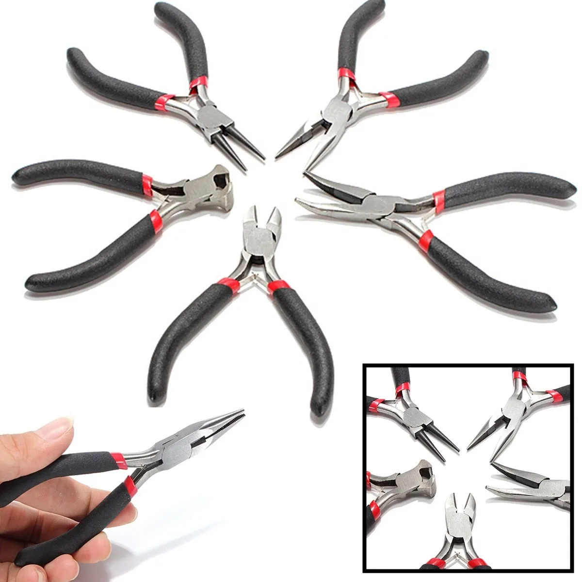 

5Pcs Jewellery Mini Pliers Set Kit Cutter Chain Round Bent Needle Nose Beading Making Repair Tool Kit Hand Tools