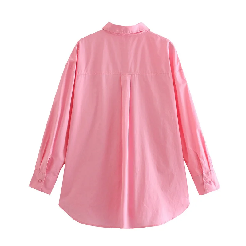 

Spring and autumn women's casual solid color lapel long-sleeved pocket decorated loose shirt