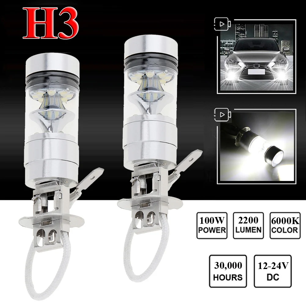 

2pcs Aluminum Alloy H3 LED Fog Light 6000K (White) 1100LM/Bulb 100W Super Bright Chips Car Driving Bulb 12/24V White