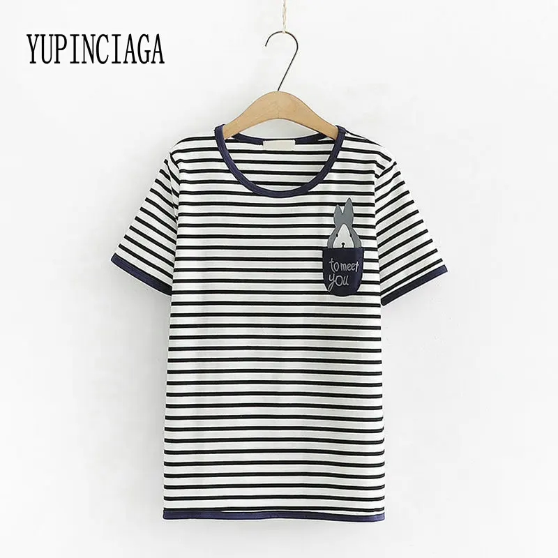 

Женский пуловер в полоску YUPINCIAGA, Повседневный хлопковый пуловер с короткими рукавами и круглым вырезом в полоску, с карманами и нашивкой в в...