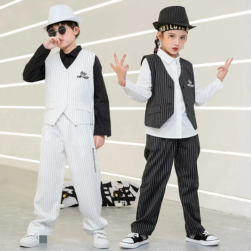 

Kids Hip Hop Costumes Breaking Street Dance White Suits Vest Shirt Pants Boys Hip Hop Dance Clothes Jazz Stage Costume