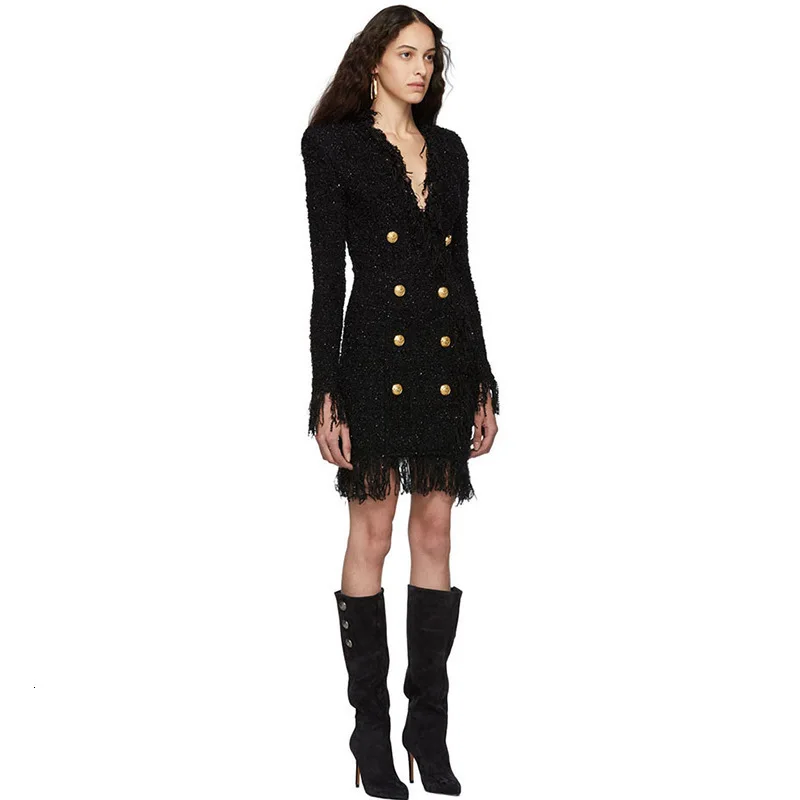 

2020 Autumn Winter Tweed Wool Dress Women Long Sleeve Runway Designer Woolen Clothes V Neck Tassels High Quality Dresses Female