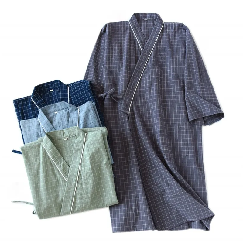 Лето 2024 100% хлопковый банный Халат в японском стиле кимоно клетку мужской