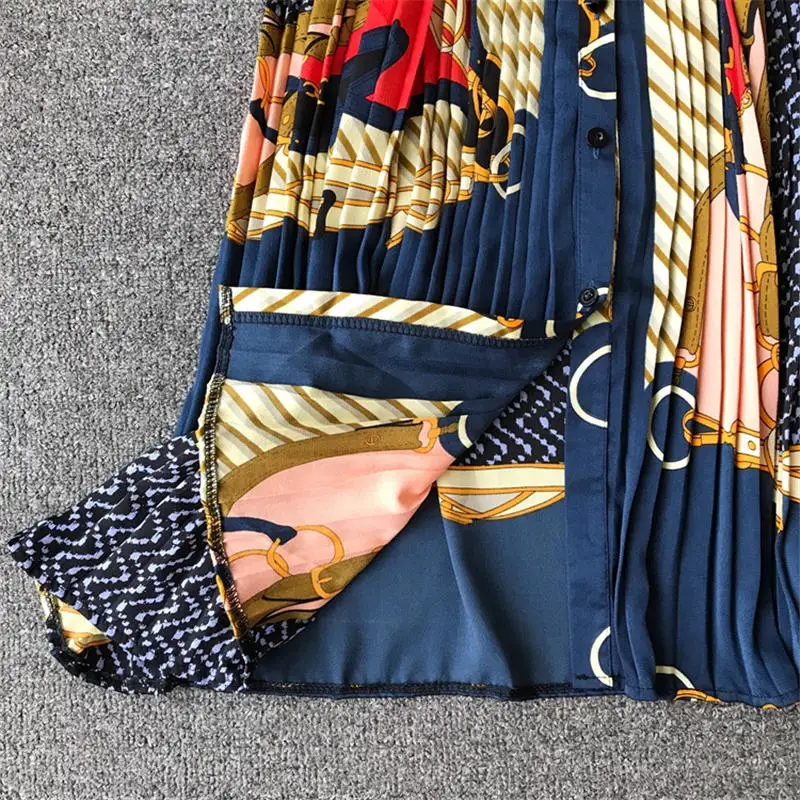 

Chiffon Loose Printed Pleated Dress Women 2020 Spring Summer Fashion Long sleeve Three Quarter Lantern Sleeves High waist Dress