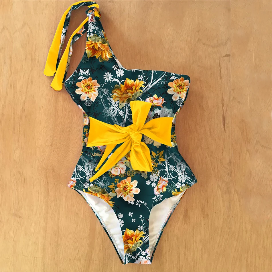 Тропический женский слитный купальник бандажный с принтом купальный костюм на