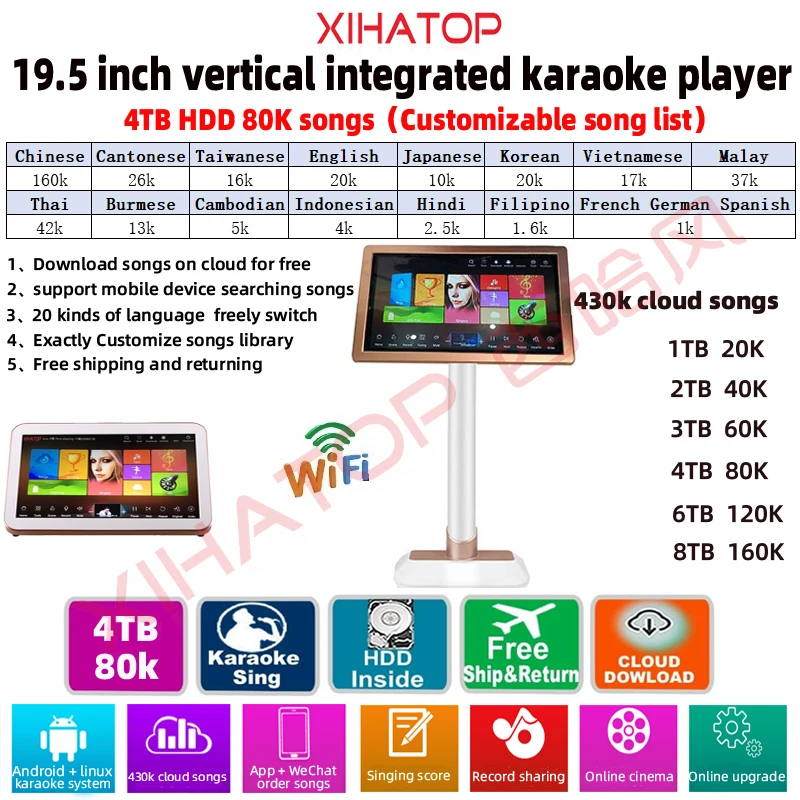 Xiaohtop 22 '' домашний KTV Поющий караоке плеер на Android с 4 ТБ HDD 80K песнями китайский