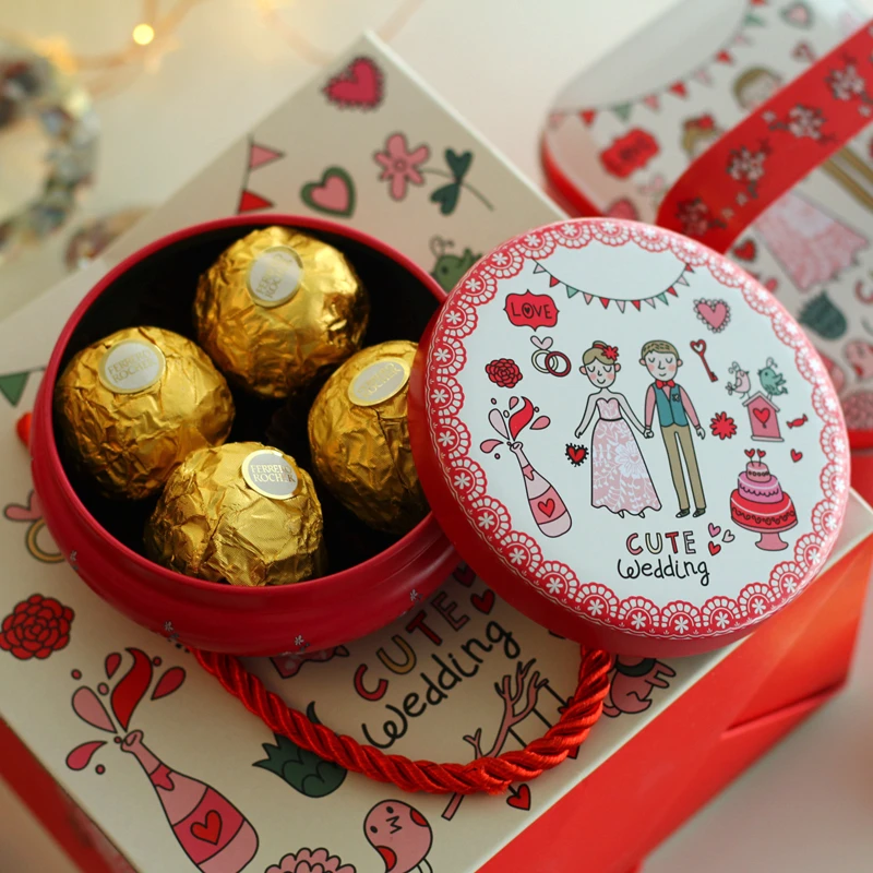 

New European Wedding Easter Candy Storage Tin Box Small Red Round Chocolate Packaging Box Sweets Wedding Kids Birthday Gift Box