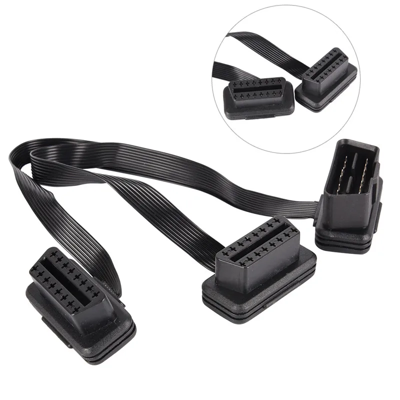 

Flat 16Pin ELM327 OBD2 Male To Dual Female Y Splitter Elbow Extension Cable Lead New