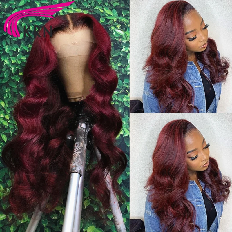 Цветные бордовые кружевные передние парики из человеческих волос 1B99J 180%