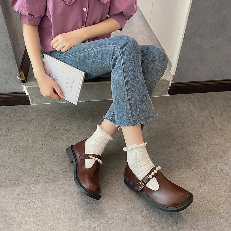 

Pearl Decorateion Casual Woman Shoe Shallow Mouth All-Match British Style Round Toe Modis Oxfords Female Footwear Beading New Pr