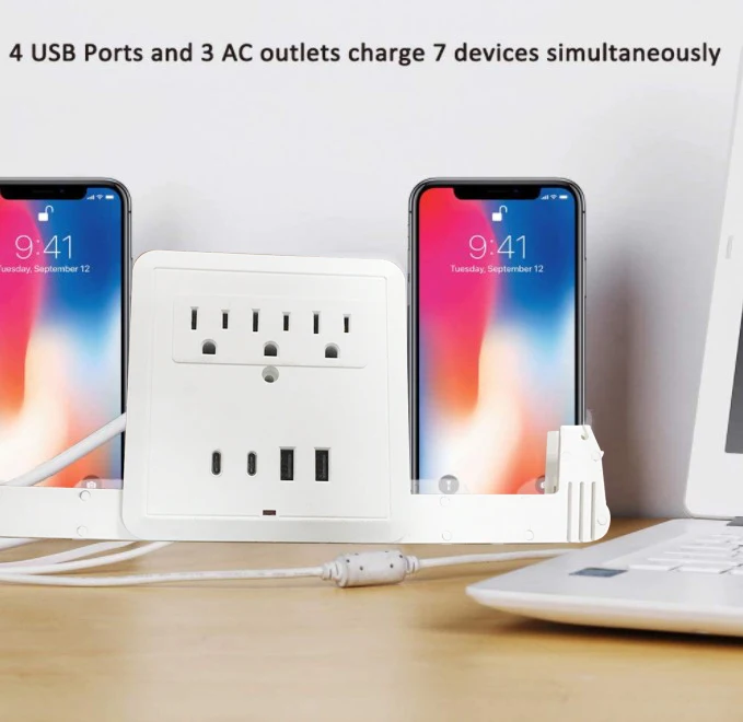 

Outlet Surge Protector, 4 USB (Max 4.2A) Ports and 3 AC Electrical Sockets, Wall Mount Multi Outlet Extender 2 SlideOut Holders