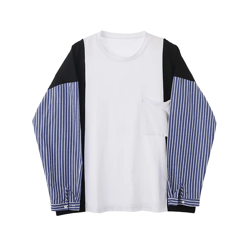 

Male Youth Hip Hop Tee Shirt Men Streetwear Fashion Stripe Splice Long Sleeve Casual Loose T-shirt