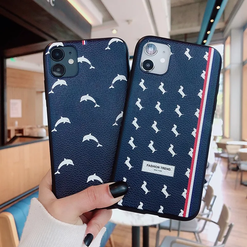 

fashion thom logo soft case for iphone 11 pro x xs max xr 8 7 6 6S plus SE 2020 leather phone cover dolphin coque fundas capa
