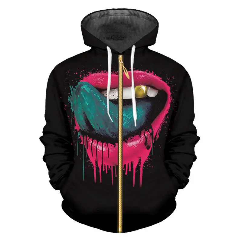 Уродливые Толстовки с капюшоном на молнии забавные 3D принтом в виде красных губ
