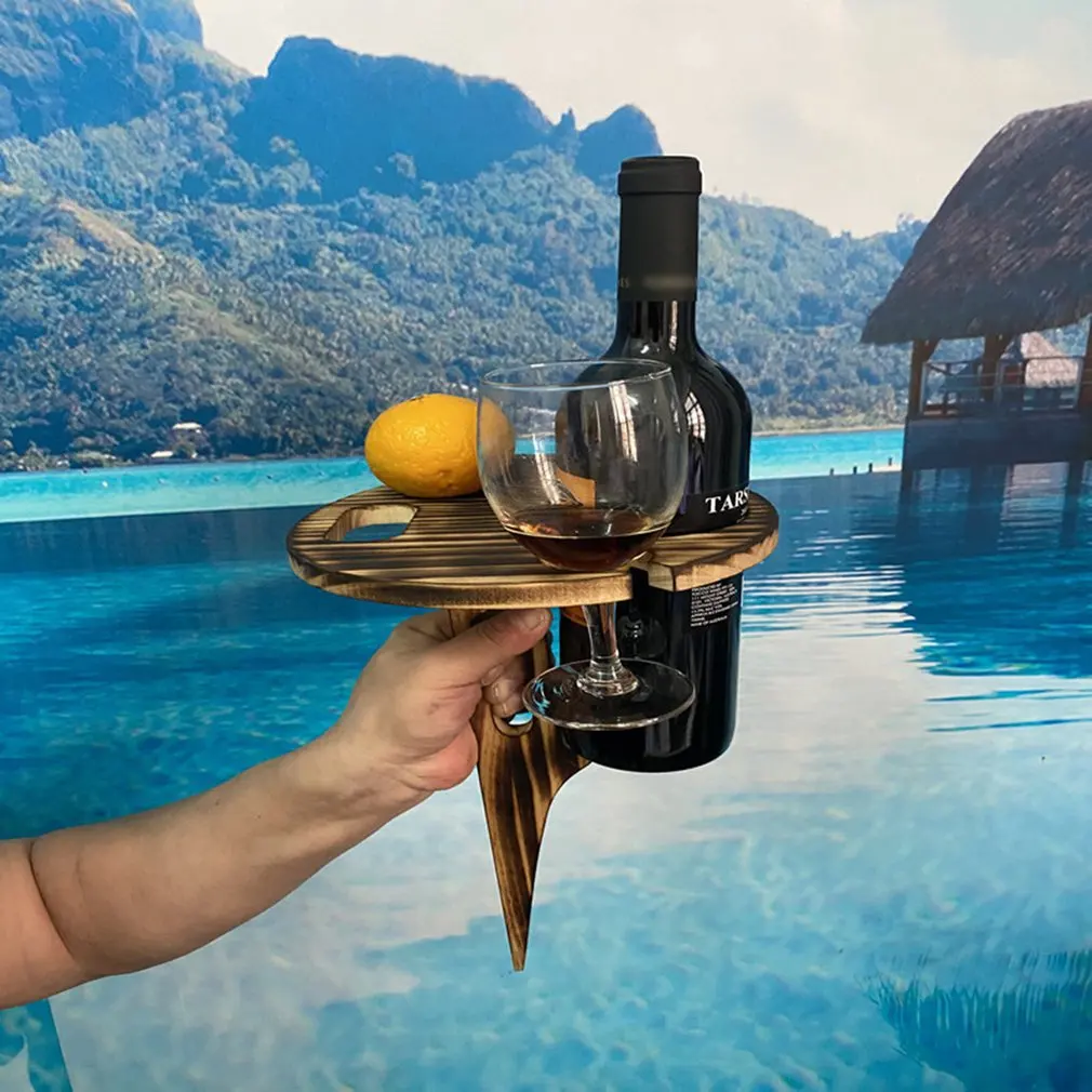 

Outdoor Portable Foldable Wine Table with Round Desktop Mini Wooden Easy To Carry Barbecue Rack Picnic Party Travel Tools