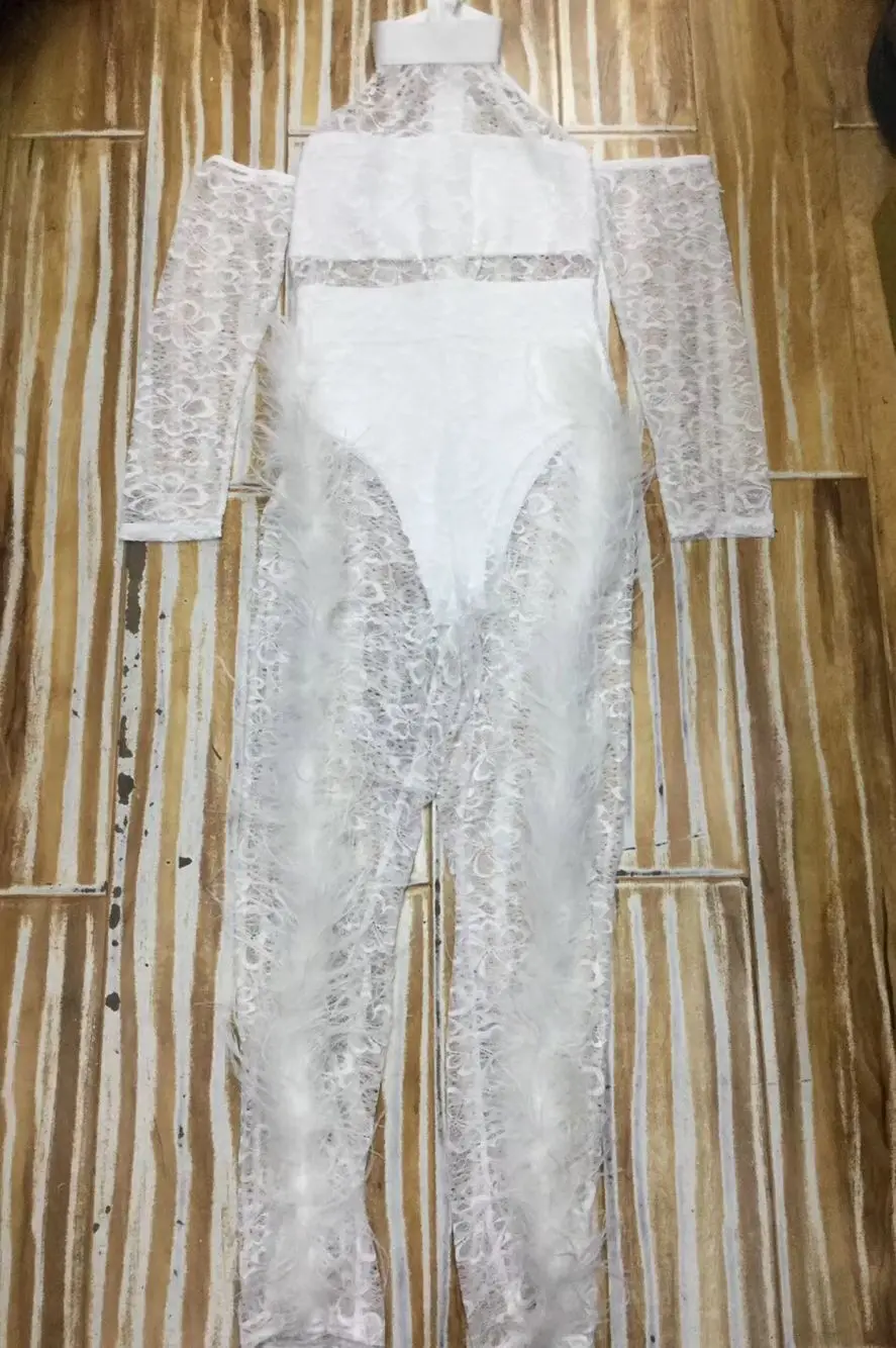 

High Quality White Long Mesh Sleeve Hollow Out Fashion Bandage Jumpsuit Homecoming Party Jumpsuit