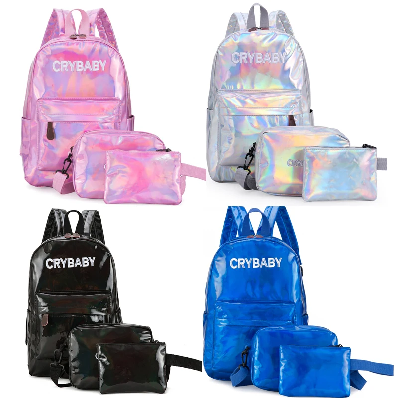 

2021 Holographic Laser Backpack Embroidered Patent Letter Hologram Backpack set School Bag +shoulder bag +penbag 3pcs