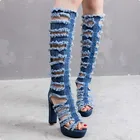 Женские джинсовые сапоги выше колена, на высоком каблуке и платформе, с открытым носком, на молнии, N63W