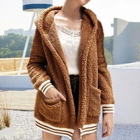 long sleeve open stitch fleece jacket ultra soft solid color hooded women coat for fall winter