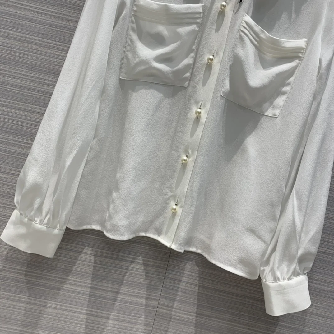 

new ladies fashion 2021 long sleeve sexy casual solid color embroidery lace collar pearl button silk shirt 1214