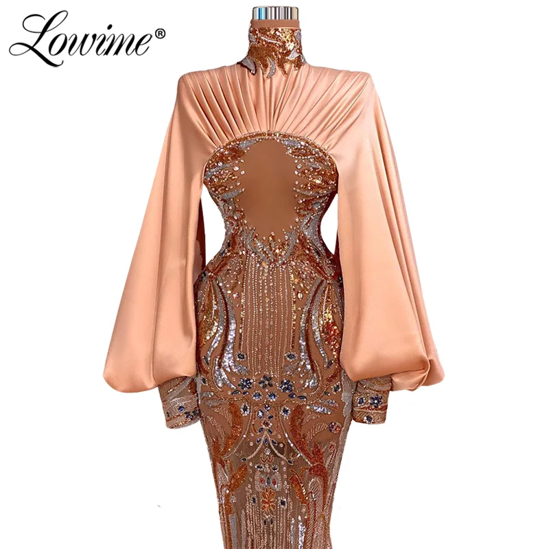 Lowime Formal Arabic Evening Dresses Long Sleeves Muslim Prom Dress With Beaded Crystals Dubai Kaftans 2021 Plus Size Party Gown