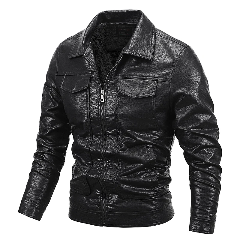 

Autumn Winter Fleece Leather Jacket Men Solid Color Turn Down Collar Zipper Motorcycle Jacket Mens Casual Biker Jacket Coats Man