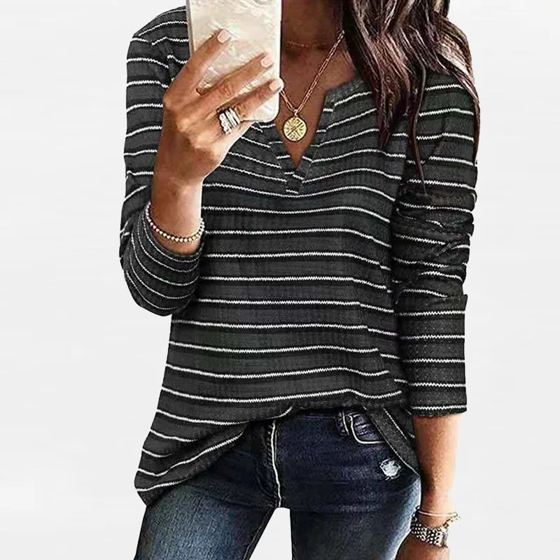 

Casual V Neck Loose Striped Print Blouse Women Fashion Long Sleeve Harajuku Pullover Tops Elegant Spring Plus Size Shirts Blusas